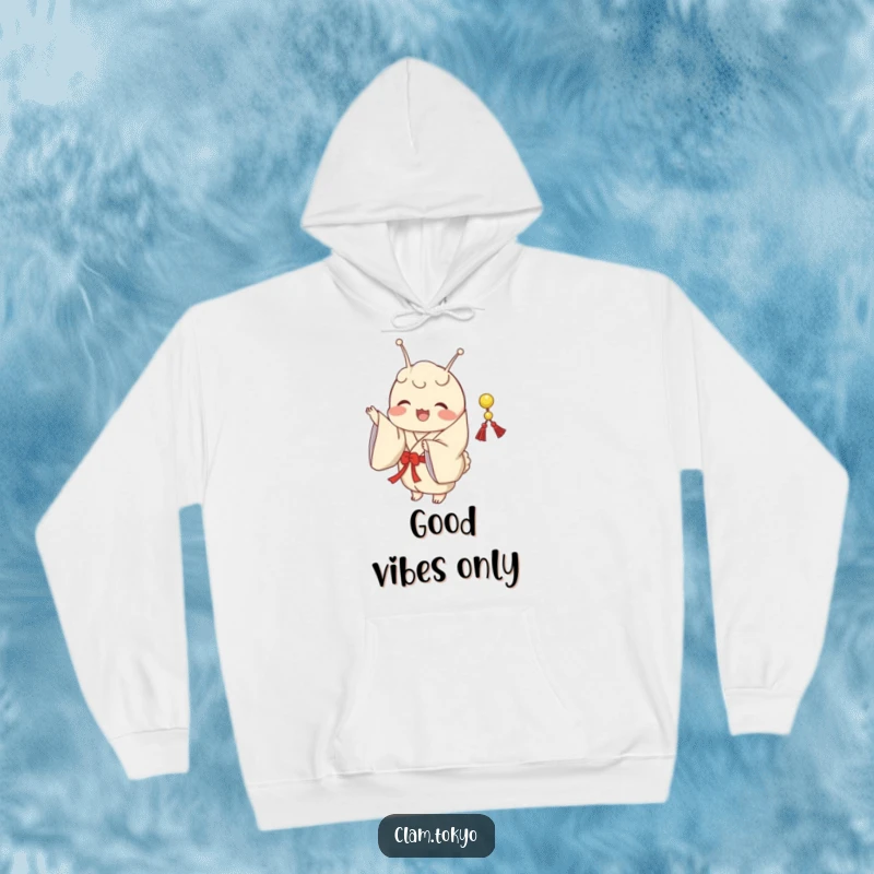 Funny Hoodie displaying a clam in a classic kimono, joyfully shaking a small, decorative string.