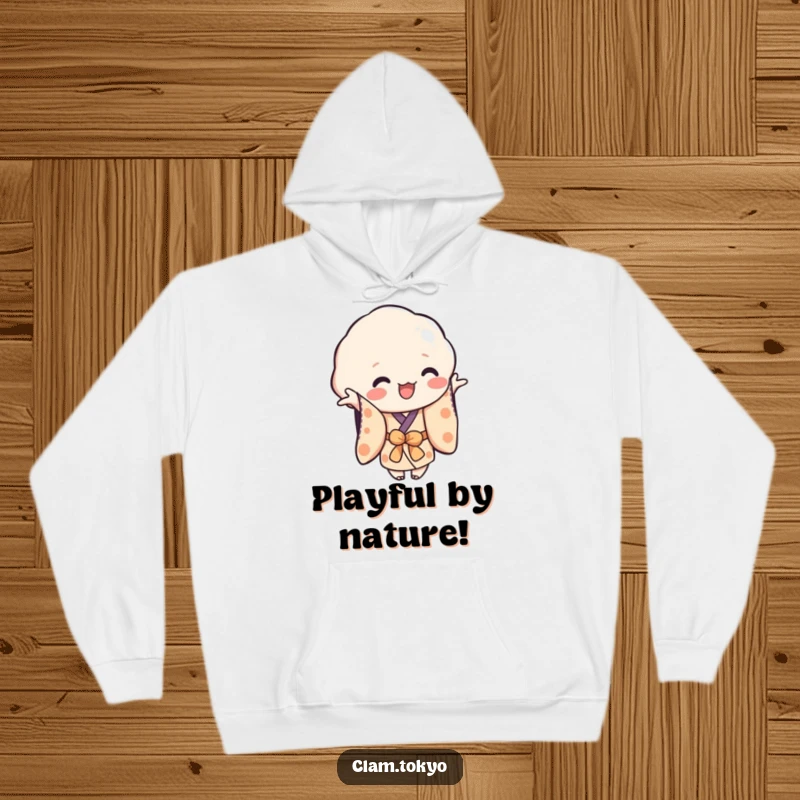 Funny Hoodie showcasing a playful clam character in a simplified kimono, reaching out, offering warmth and a humorous sense of connection.