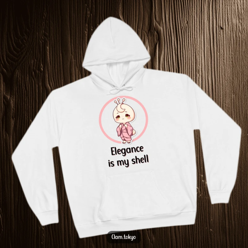Funny Hoodie showcasing a sophisticated clam character in a silk kimono, posing elegantly, offering warmth and a touch of class.