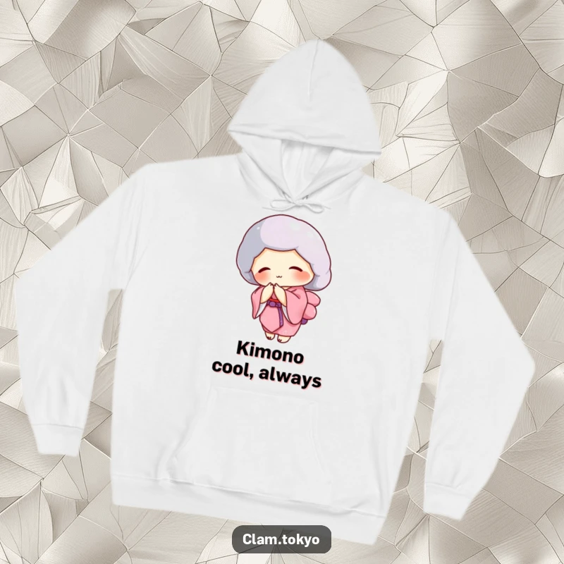 Funny clam wearing a pink kimono bowing gracefully on a hoodie, elegant and cozy.