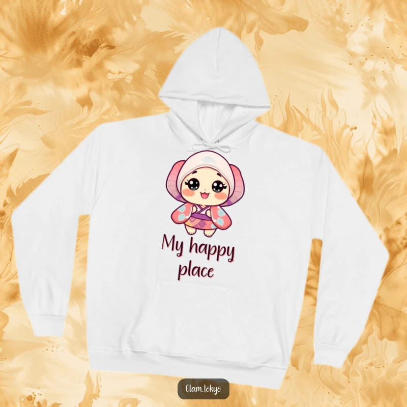 Funny Hoodie depicting a small clam in a vividly patterned kimono, showing off wide, happy eyes and a cheerful expression.