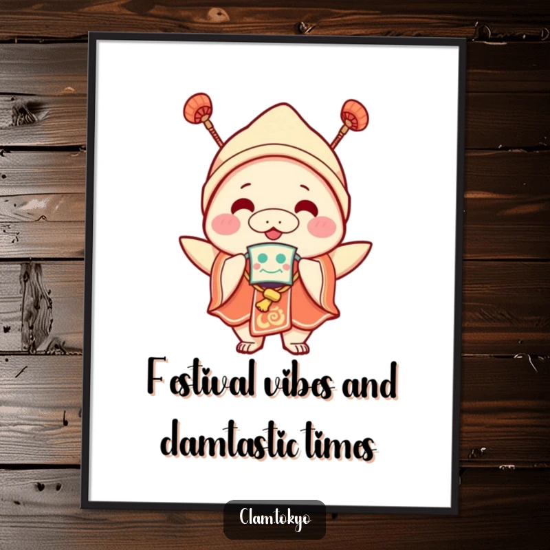 Funny Free Printable Wall Art: A joyful clam character in festival attire and a small mask, exuding party excitement.