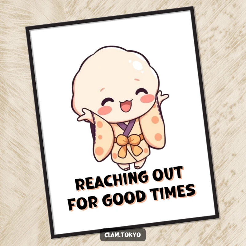 Funny Free Printable Wall Art: A playful clam character in a simplified kimono, reaching out with a friendly and inviting pose.