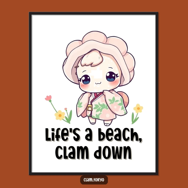 Free Printable Wall Art: Playful Clam in Floral Kimono - Funny Quirky Downloadable Decor