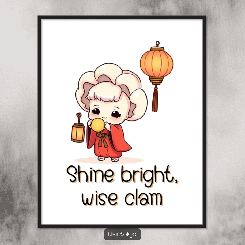 Funny Free Printable Wall Art of a clam in a red kimono serenely holding a glowing lantern.