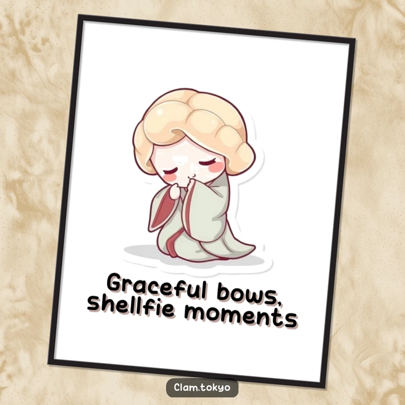 Funny Free Printable Wall Art: A clam gracefully bowing in a flowing kimono, adding elegant humor to your walls.