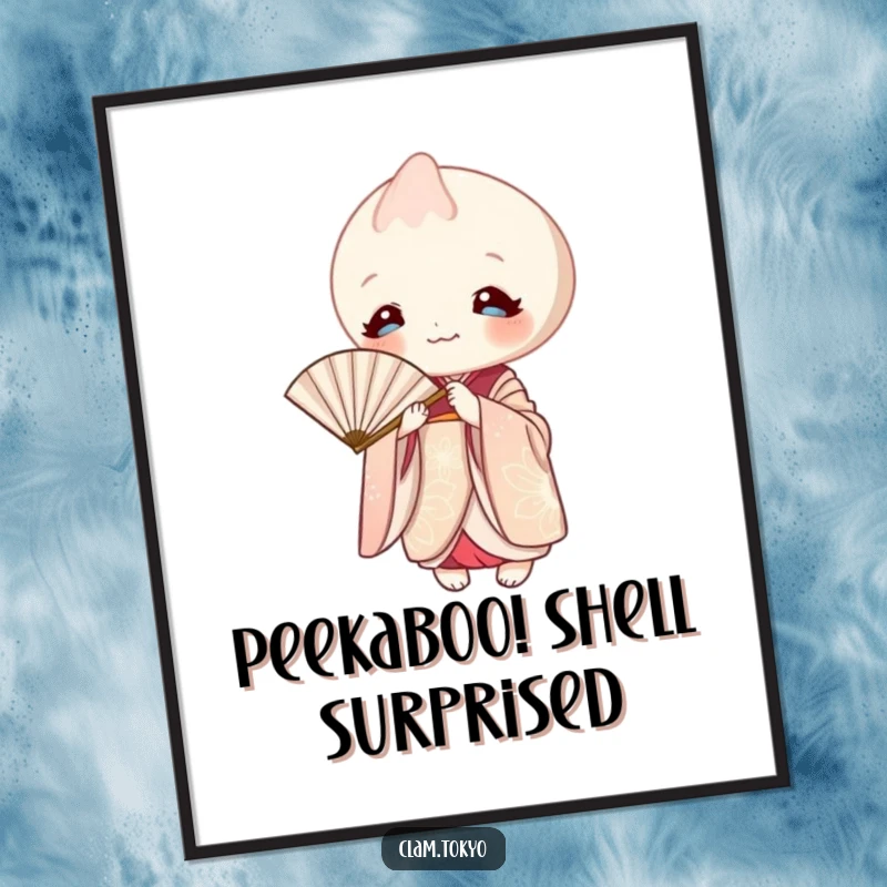 Funny Free Printable Wall Art: A clam in a kimono playfully peeking from behind a paper fan, adding intrigue.