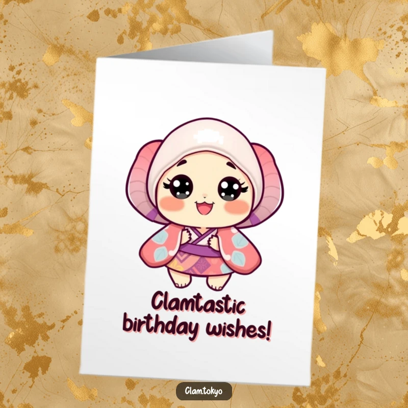 Funny Free Printable Birthday Card: A happy clam in a vibrant kimono, wide-eyed and cheerful, ready to celebrate.