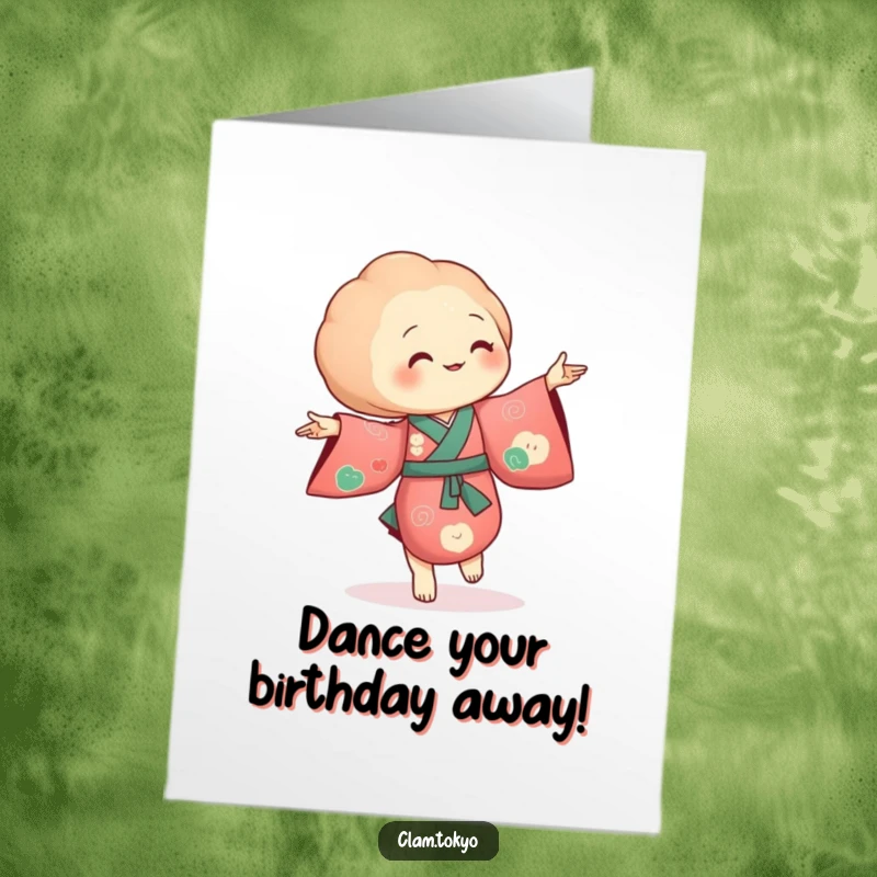 Funny Free Printable Birthday Card: A clam in a richly colored kimono dancing with tiny, flowing movements gracefully.