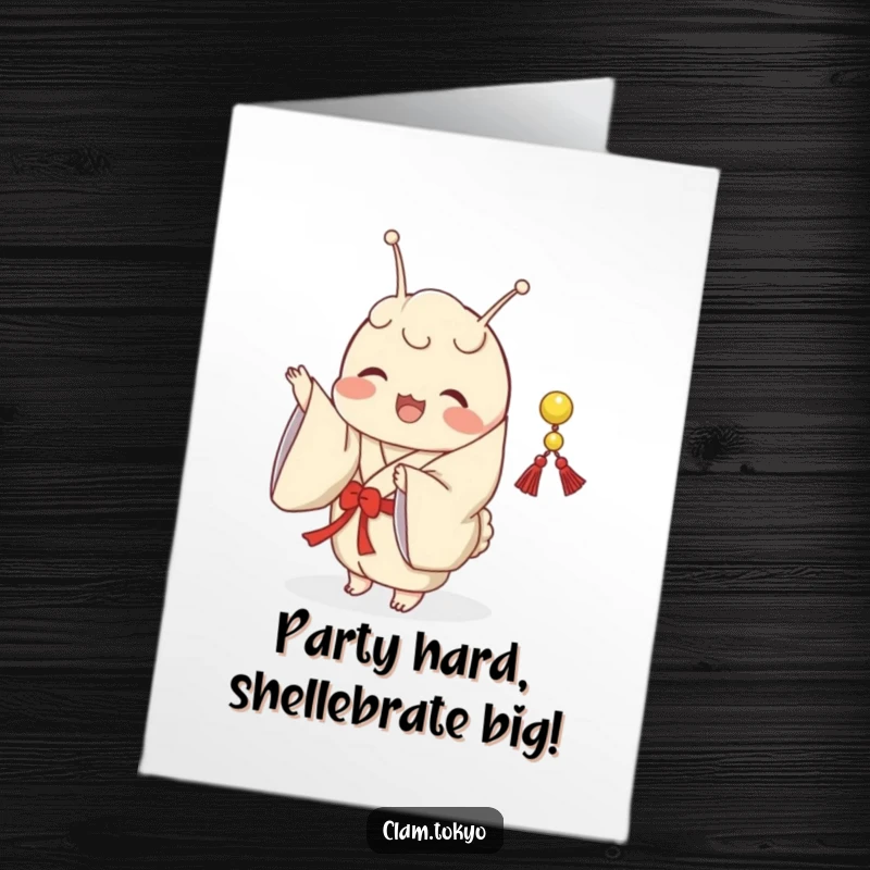 Funny Free Printable Birthday Card: A clam in a classic kimono joyfully shaking a small, decorative string with glee.