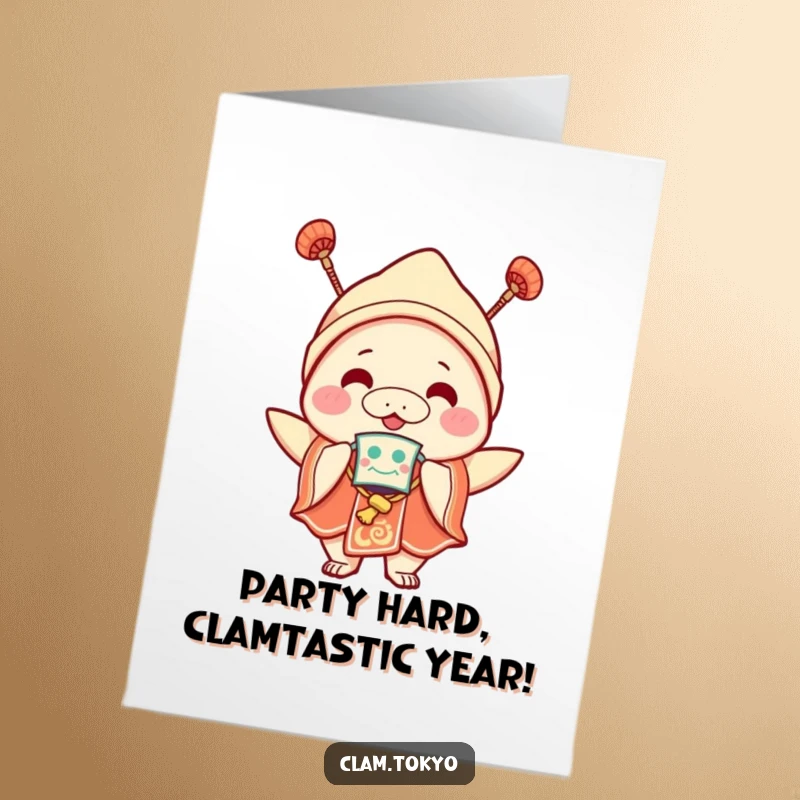 Funny Free Printable Birthday Card: A joyful clam in festival attire and a mask, ready to party with enthusiasm.