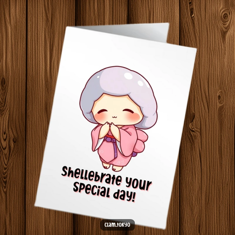 Funny Free Printable Birthday Card: Clam in vibrant pink kimono gracefully bowing, offering elegant birthday wishes for a downloadable card.