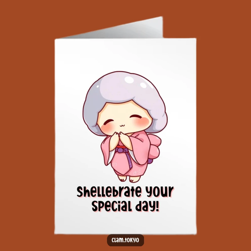 Free Printable Birthday Card: Pink Kimono Clam Bowing, Funny Downloadable Gift for Elegant Wishes