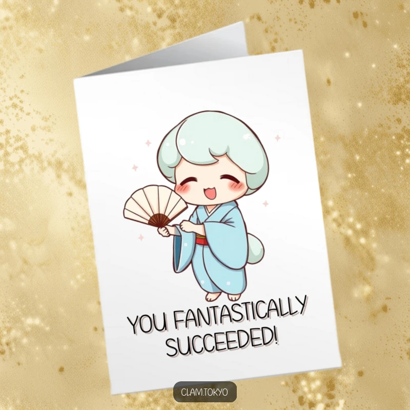 Funny Free Printable Congratulations Card: Clam in a blue kimono holding a delicate fan, joyfully celebrating achievements with downloadable charm.