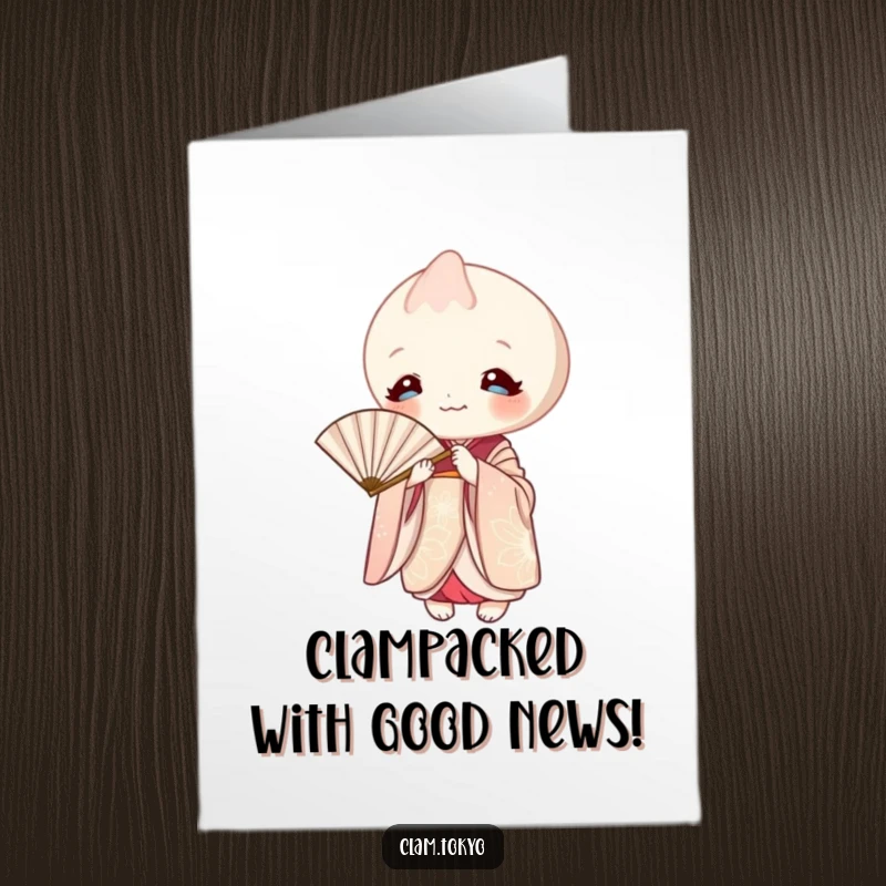 Funny Free Printable Congratulations Card: A clam in a kimono peeking with a fan, hinting at exciting news.