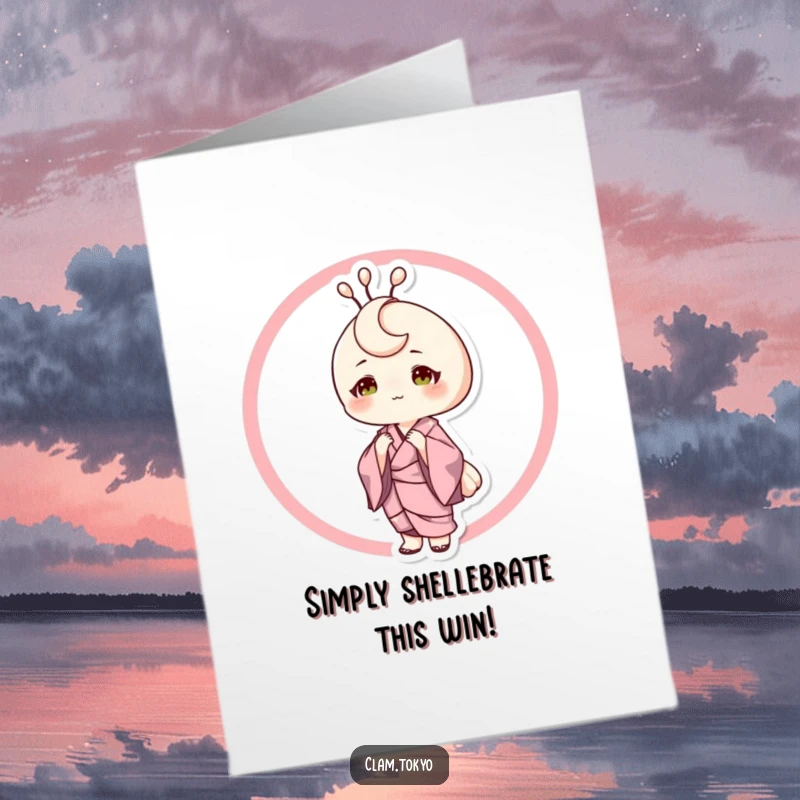 Funny Free Printable Congratulations Card: A sophisticated clam in a silk kimono posing elegantly, offering refined praise.