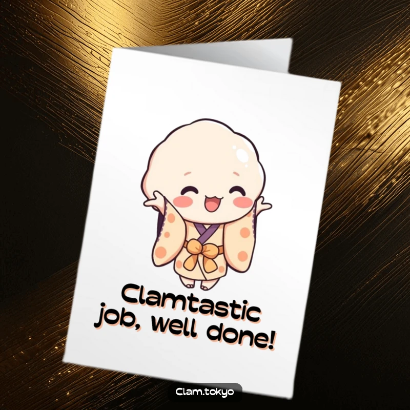 Funny Free Printable Congratulations Card: A playful clam in a simplified kimono reaching out to share in the joy.