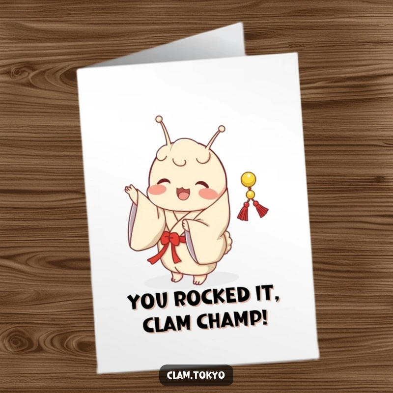 Funny Free Printable Congratulations Card: A clam in a kimono joyfully shaking a decorative string, celebrating success.