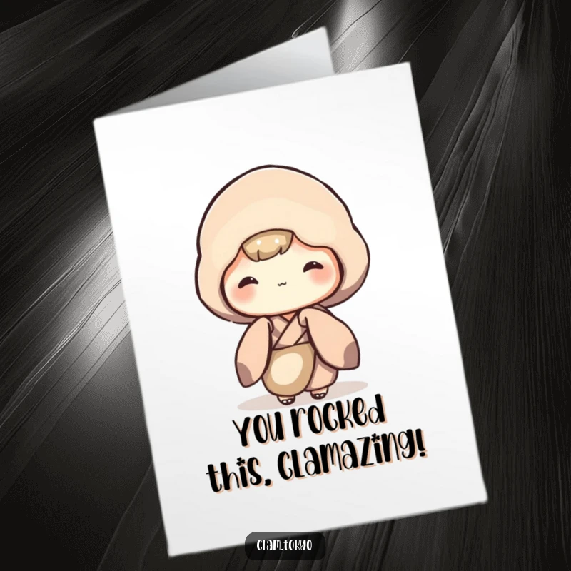 Funny Free Printable Congratulations Card: A shy clam in a kimono peeking out, offering muted congratulations.