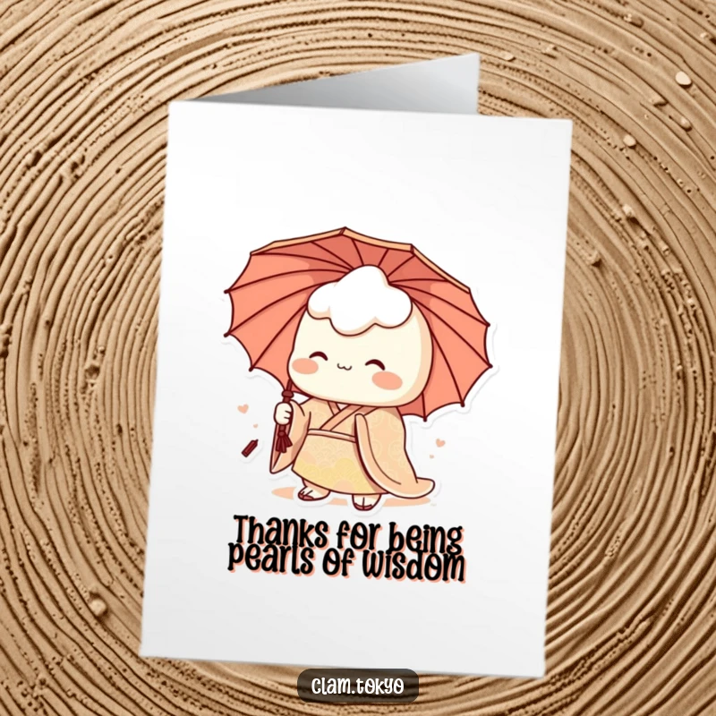 Funny Free Printable Thank You Card: A regal clam character in a patterned kimono, holding an umbrella, offering elegant thanks, ideal for printing.