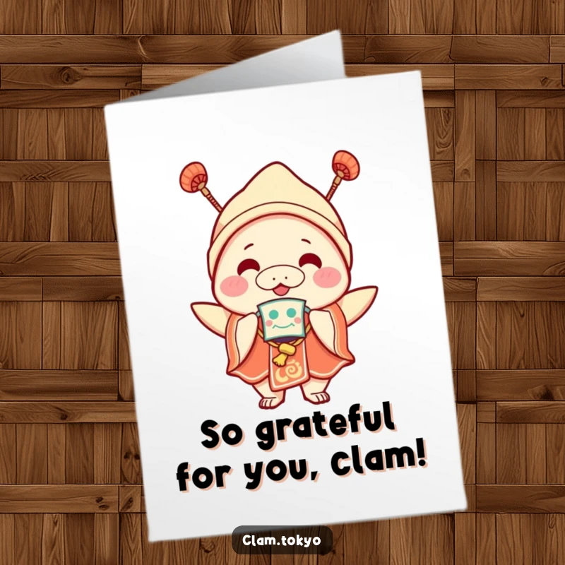 Funny Free Printable Thank You Card: A joyful clam in festive attire and a mask, offering thanks with a playful spirit.