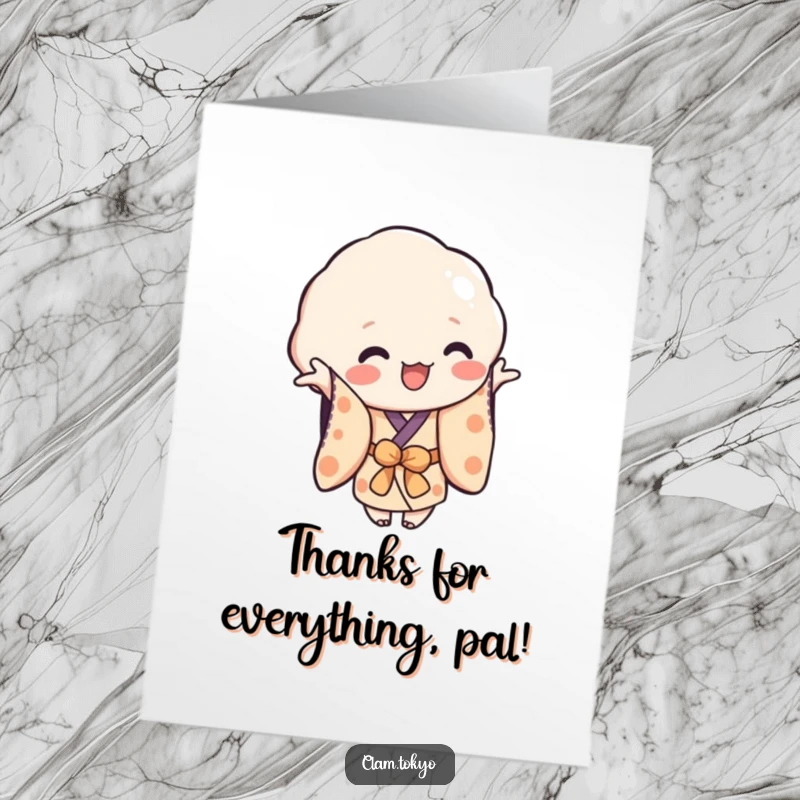 Funny Free Printable Thank You Card: A playful clam in a simplified kimono reaching out with a friendly gesture of thanks.