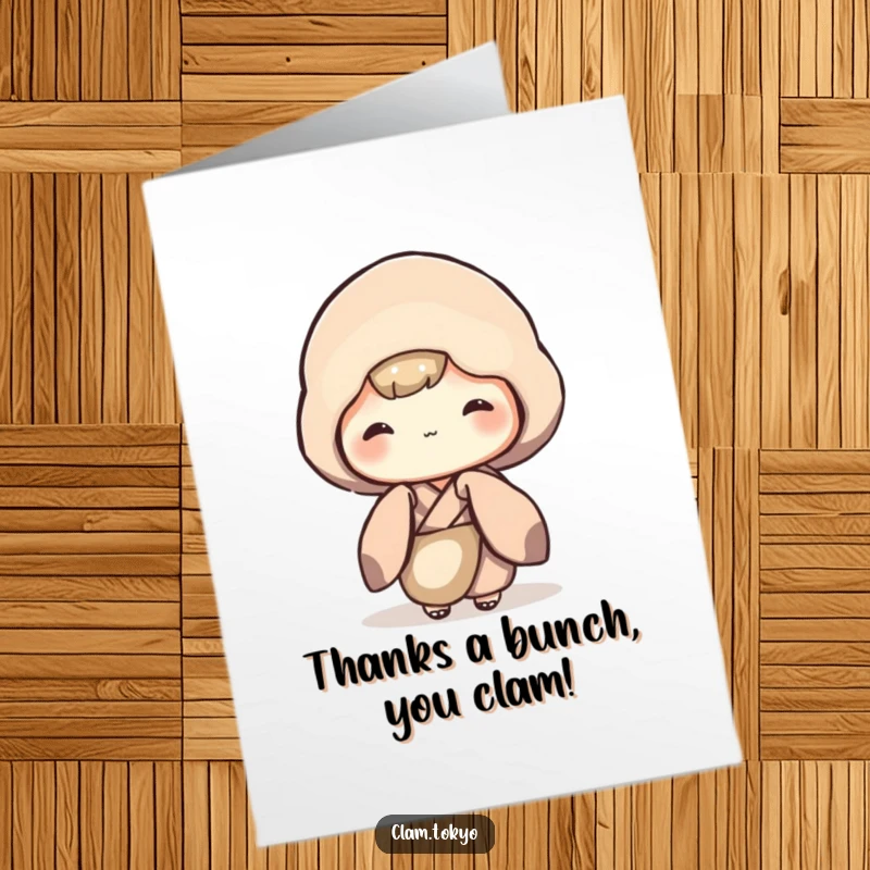 Funny Free Printable Thank You Card featuring a shy clam in a kimono, offering a quiet expression of gratitude.