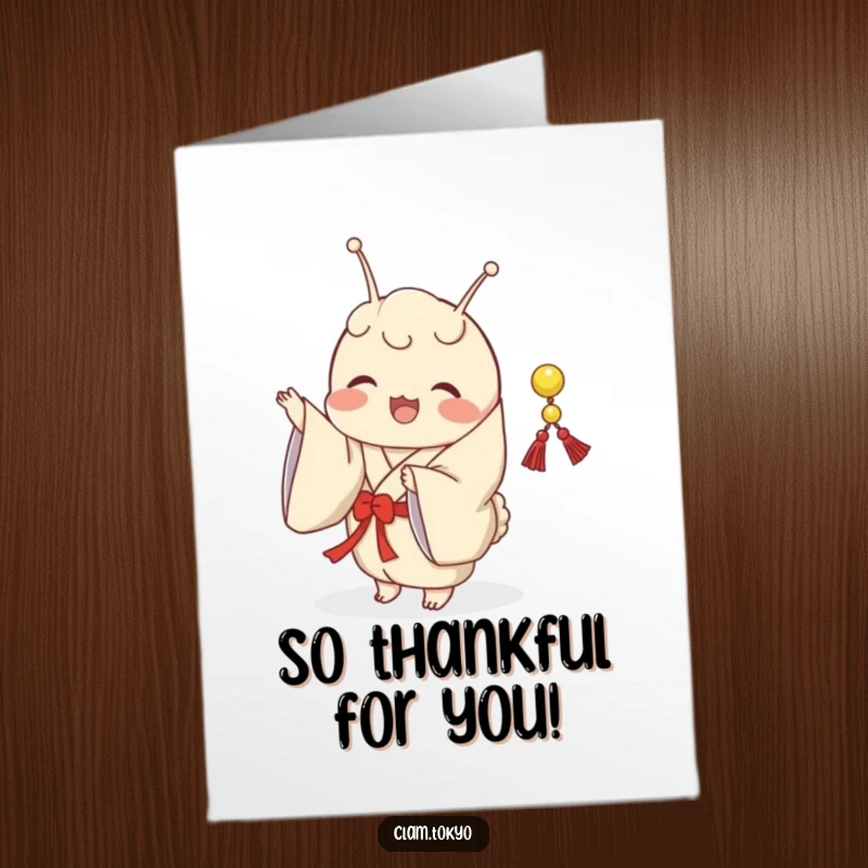 Funny Free Printable Thank You Card: A clam in a classic kimono joyfully shaking a small decorative string.