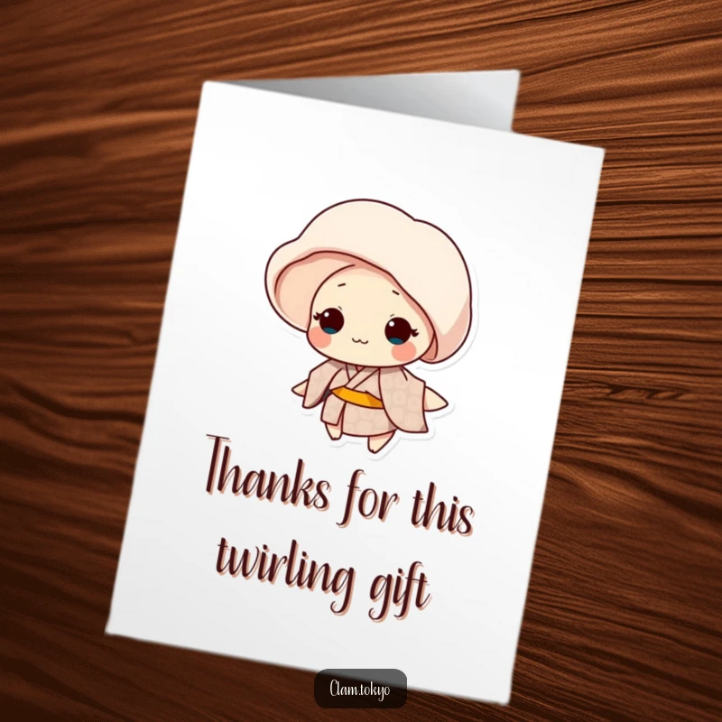 Funny Free Printable Thank You Card: Clam in a patterned kimono gently spinning, a downloadable and cheerful way to say thanks.