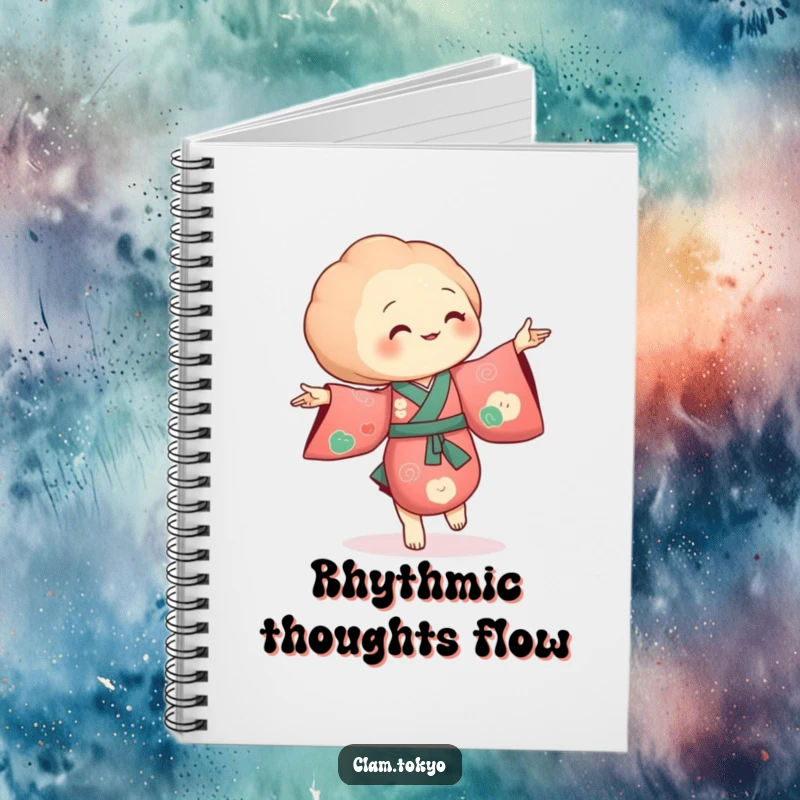 Funny Notebook adorned with a clam in a richly colored kimono, dancing with tiny, flowing movements.