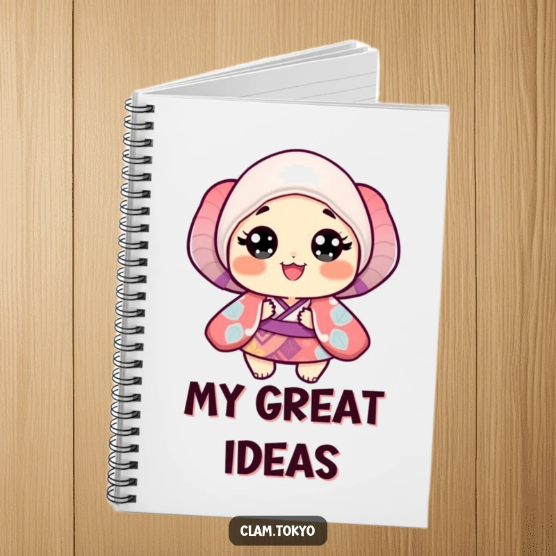 Funny Notebook adorned with a small clam in a vibrant, patterned kimono with wide, happy, delighted eyes.