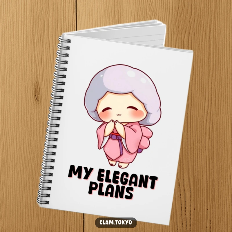 Funny clam wearing a pink kimono bowing gracefully on a notebook, elegant journal.