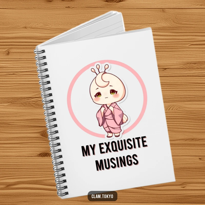 Funny Notebook with a sophisticated clam character in a silk kimono, posing elegantly, ideal for journaling with a touch of class.