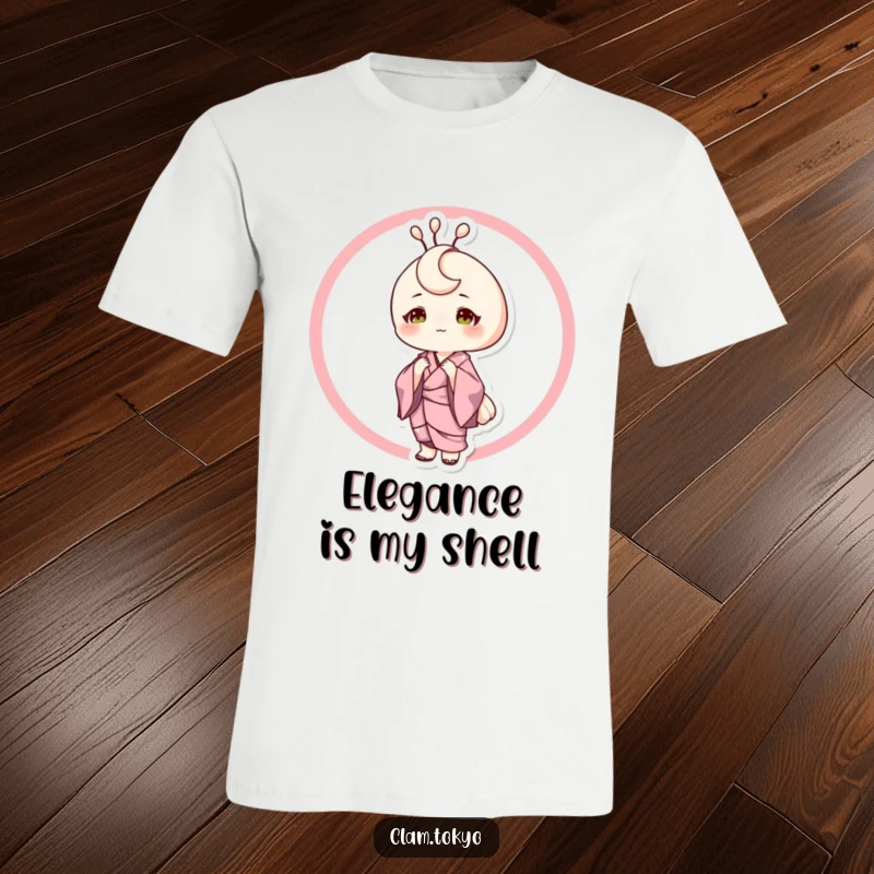 Funny T-Shirt depicting a sophisticated clam character in a silk kimono, posing elegantly, conveying a sense of refined humor and style.