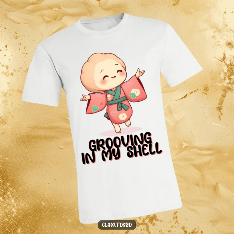 Funny T-Shirt featuring a clam in a richly colored kimono, dancing with tiny, elegant, flowing movements.