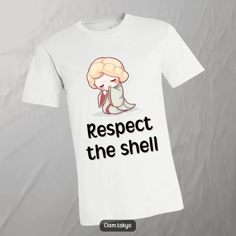 Funny T-Shirt featuring a clam in a flowing kimono, captured in the act of a graceful, elegant bow.