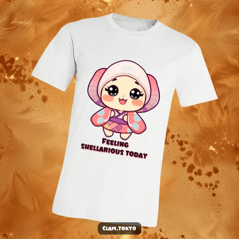 Funny T-Shirt showcasing a small clam wearing a vibrant, patterned kimono, looking incredibly happy with wide eyes.