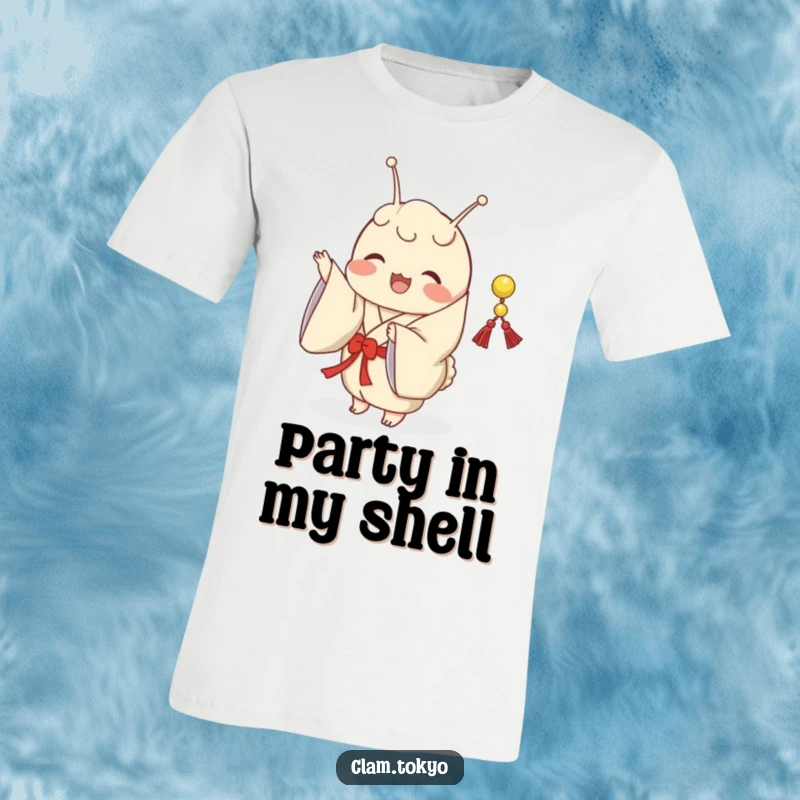Funny T-Shirt featuring a clam in a classic kimono, joyfully shaking a small, decorative string with enthusiasm.