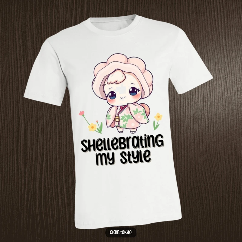 Funny T-Shirt showcasing a clam in a vibrant floral kimono, playfully peeking out with a whimsical expression, perfect for a funny gift.