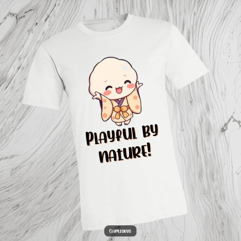 Funny T-Shirt depicting a playful clam character in a simplified kimono, actively reaching out, conveying warmth and humorous invitation.