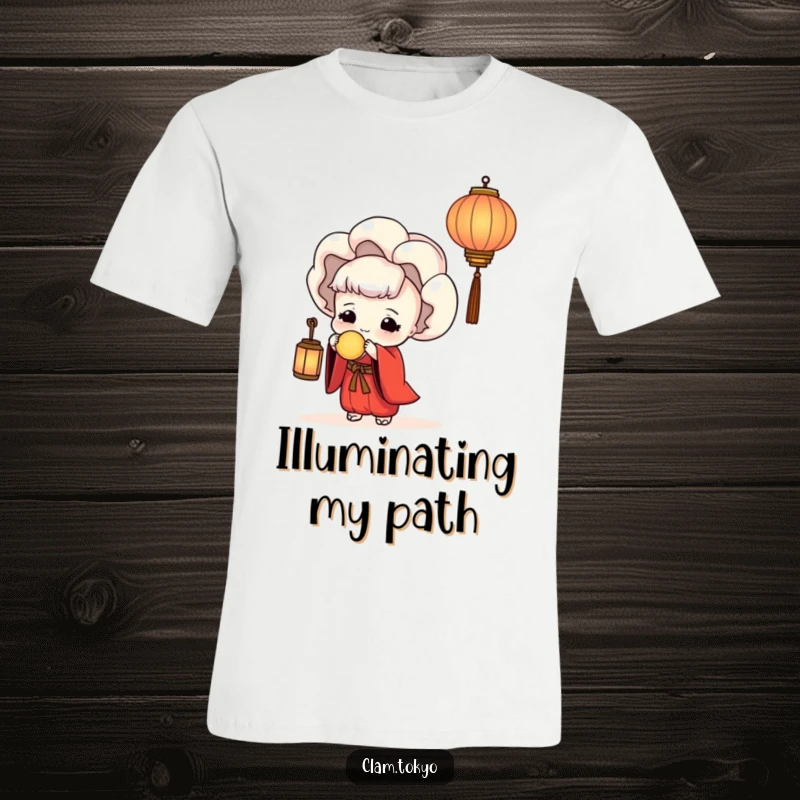 Funny T-Shirt depicting a clam in a red kimono serenely holding a lantern, radiating peace and humor, perfect for a unique gift.