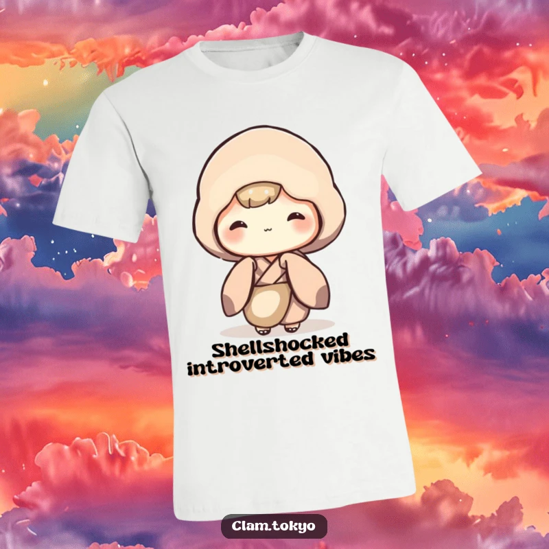 Funny T-Shirt showcasing a shy clam character in a muted kimono, cautiously peeking out, ideal for expressing introverted humor.