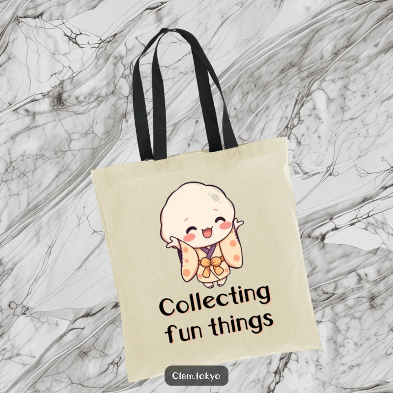 Funny Tote Bag with a playful clam character in a simplified kimono, reaching out, ideal for carrying items with a humorous and friendly vibe.