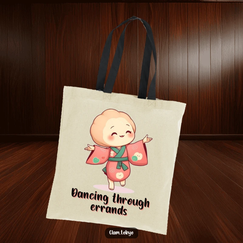 Funny Tote Bag featuring a clam in a richly colored kimono, dancing with tiny, flowing, graceful movements.