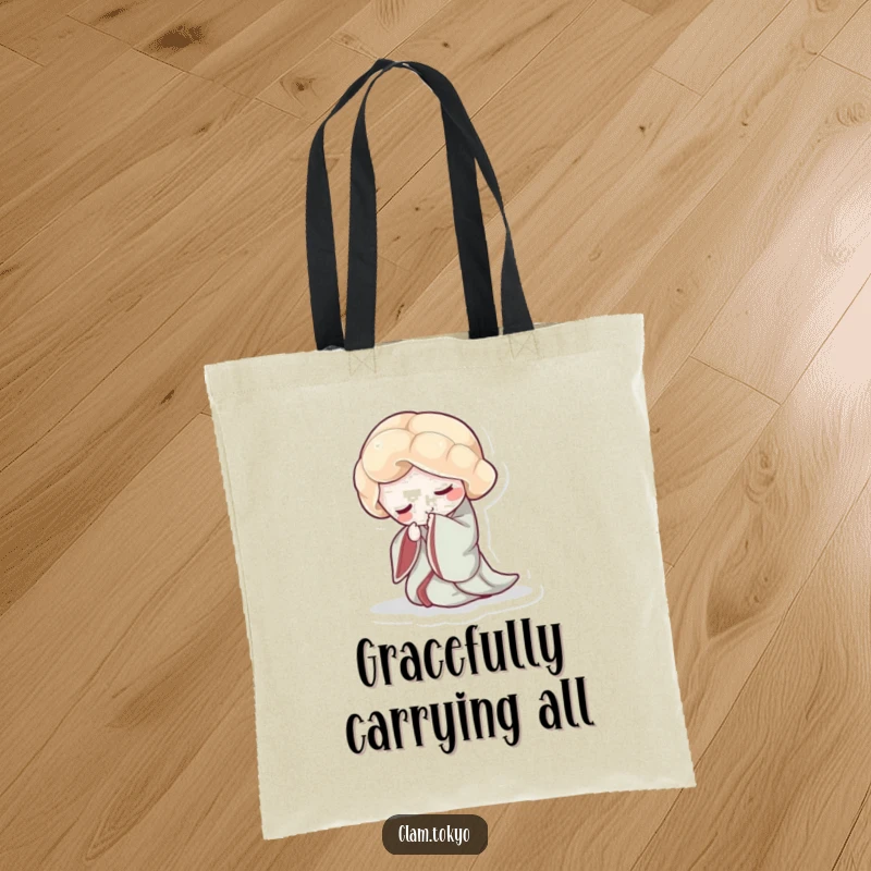 Funny Tote Bag featuring a clam in a flowing kimono, executing a graceful and elegant bow.