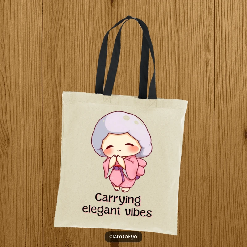 Funny clam in a pink kimono bowing gracefully on a tote bag, elegant and humorous accessory.