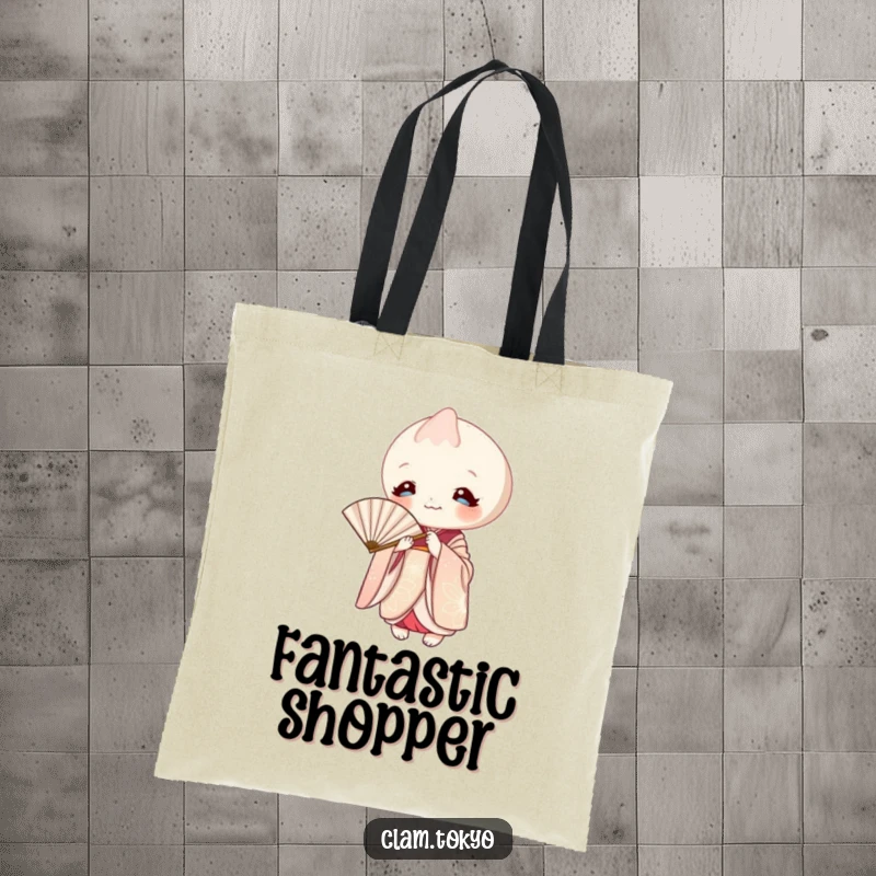 Funny Tote Bag featuring a clam in an elegant kimono, playfully peeking from behind a paper fan.