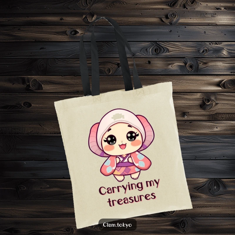 Funny Tote Bag with a small clam in a vibrant, patterned kimono and wide, joyful, happy eyes.