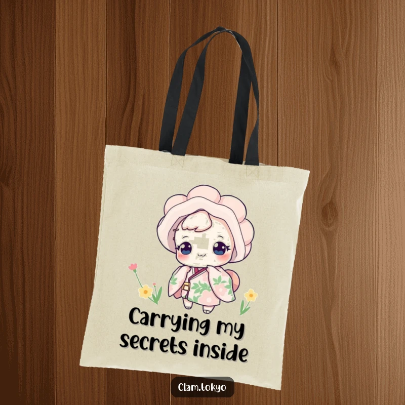 Funny Tote Bag featuring a playful clam in a floral kimono peeking out, perfect for carrying essentials with a humorous and unique style.
