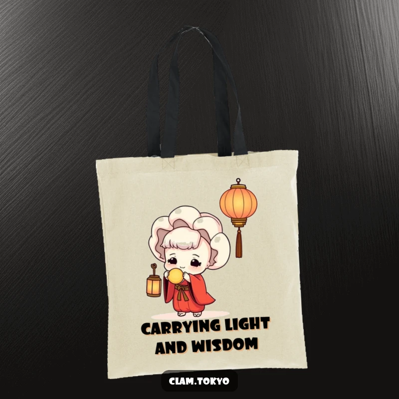 Funny Tote Bag with a serene clam in a red kimono holding a lantern, perfect for carrying essentials with a touch of peaceful humor.